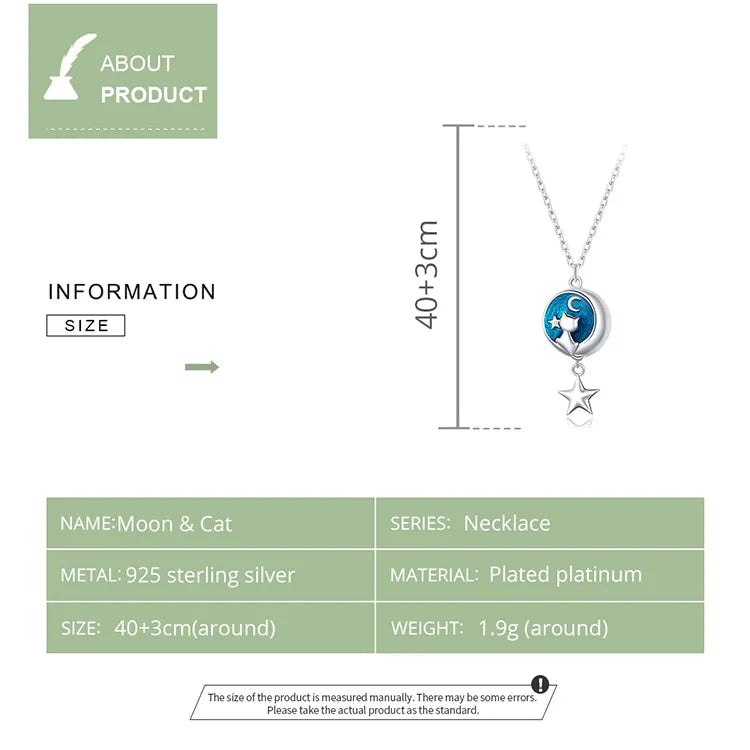 Silver Necklace with Blue Enamel Moon & Cat