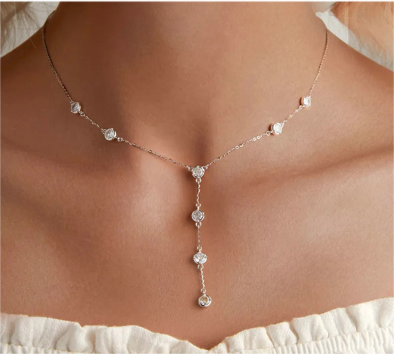 Silver Necklace Stackable Clavicle Sparkling Zircon