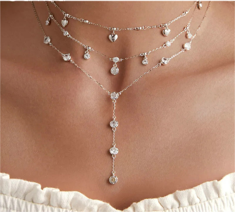 Silver Necklace Stackable Clavicle Sparkling Zircon