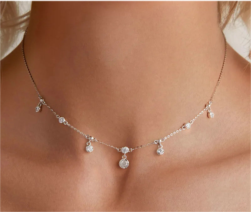 Silver Necklace Stackable Clavicle Sparkling Zircon